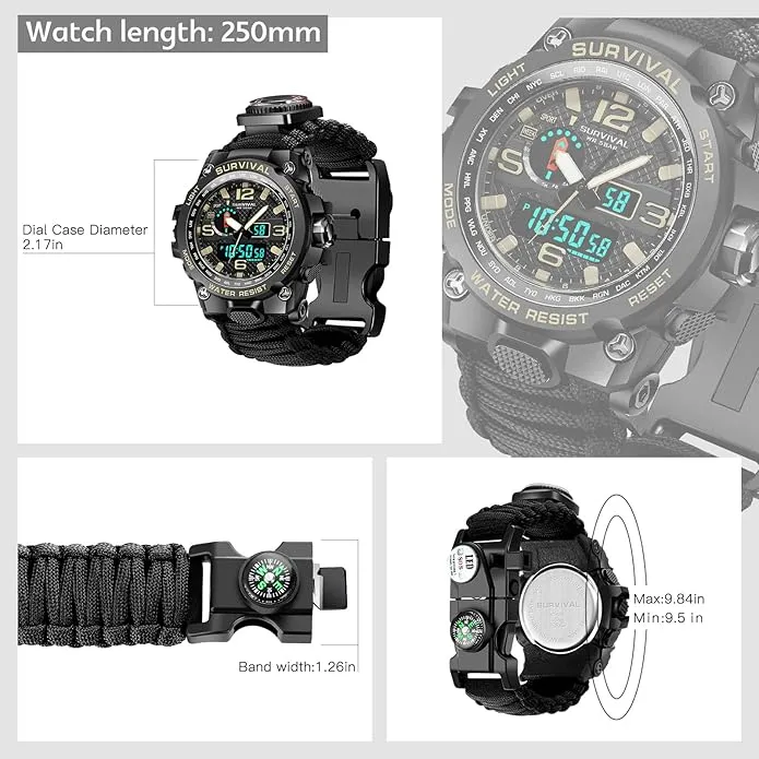 Kavie 23-in-1 Military Tactical Watch for Men, Multifunctional Outdoors Waterproof Survival Watches with Compass Whistle Fire Starter and Thermometer, Paracord Watch Bracelets with Outdoor Army Gear