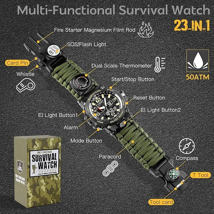 Kavie 23-in-1 Military Tactical Watch for Men, Multifunctional Outdoors Waterproof Survival Watches with Compass Whistle Fire Starter and Thermometer, Paracord Watch Bracelets with Outdoor Army Gear