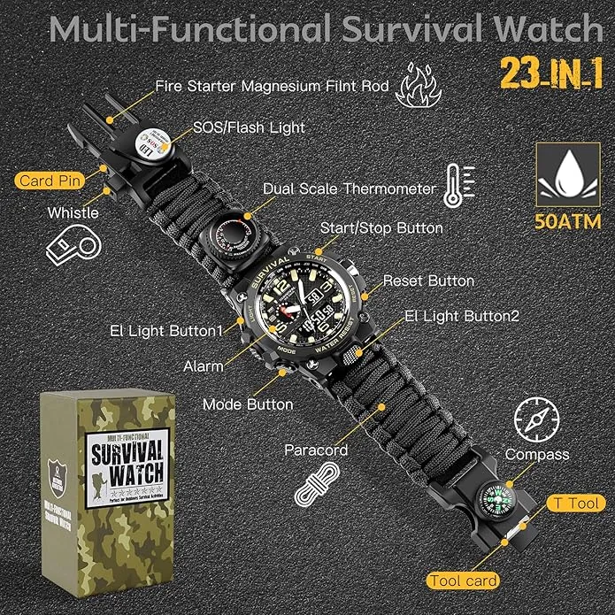 Kavie 23-in-1 Military Tactical Watch for Men, Multifunctional Outdoors Waterproof Survival Watches with Compass Whistle Fire Starter and Thermometer, Paracord Watch Bracelets with Outdoor Army Gear