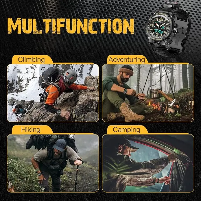 Kavie 23-in-1 Military Tactical Watch for Men, Multifunctional Outdoors Waterproof Survival Watches with Compass Whistle Fire Starter and Thermometer, Paracord Watch Bracelets with Outdoor Army Gear
