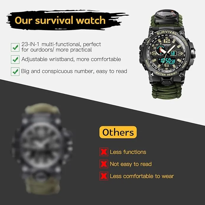 Kavie 23-in-1 Military Tactical Watch for Men, Multifunctional Outdoors Waterproof Survival Watches with Compass Whistle Fire Starter and Thermometer, Paracord Watch Bracelets with Outdoor Army Gear