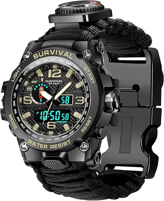 Kavie 23-in-1 Military Tactical Watch for Men, Multifunctional Outdoors Waterproof Survival Watches with Compass Whistle Fire Starter and Thermometer, Paracord Watch Bracelets with Outdoor Army Gear