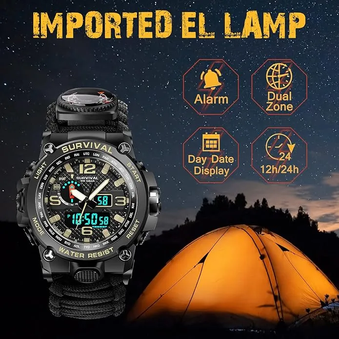 Kavie 23-in-1 Military Tactical Watch for Men, Multifunctional Outdoors Waterproof Survival Watches with Compass Whistle Fire Starter and Thermometer, Paracord Watch Bracelets with Outdoor Army Gear