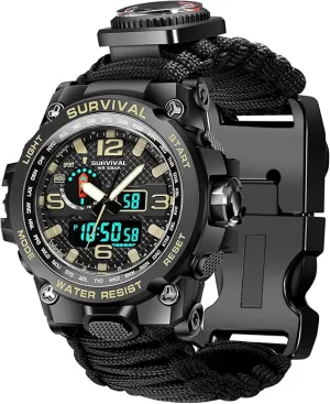 Kavie 23-in-1 Military Tactical Watch for Men, Multifunctional Outdoors Waterproof Survival Watches with Compass Whistle Fire Starter and Thermometer, Paracord Watch Bracelets with Outdoor Army Gear