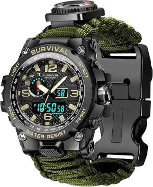 Kavie 23-in-1 Military Tactical Watch for Men, Multifunctional Outdoors Waterproof Survival Watches with Compass Whistle Fire Starter and Thermometer, Paracord Watch Bracelets with Outdoor Army Gear