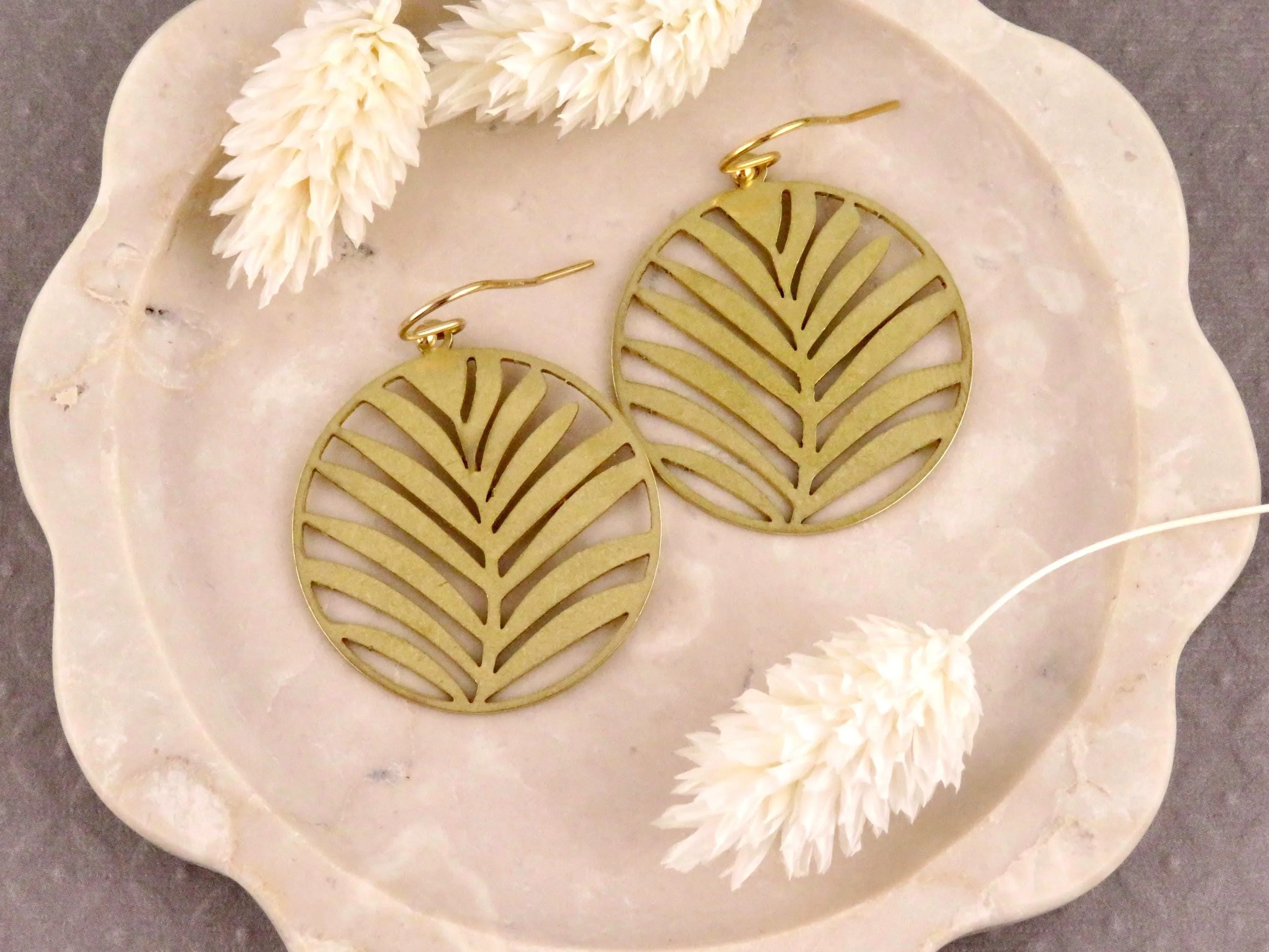 Laser Cut Palm Leaves  Earrings - Brass