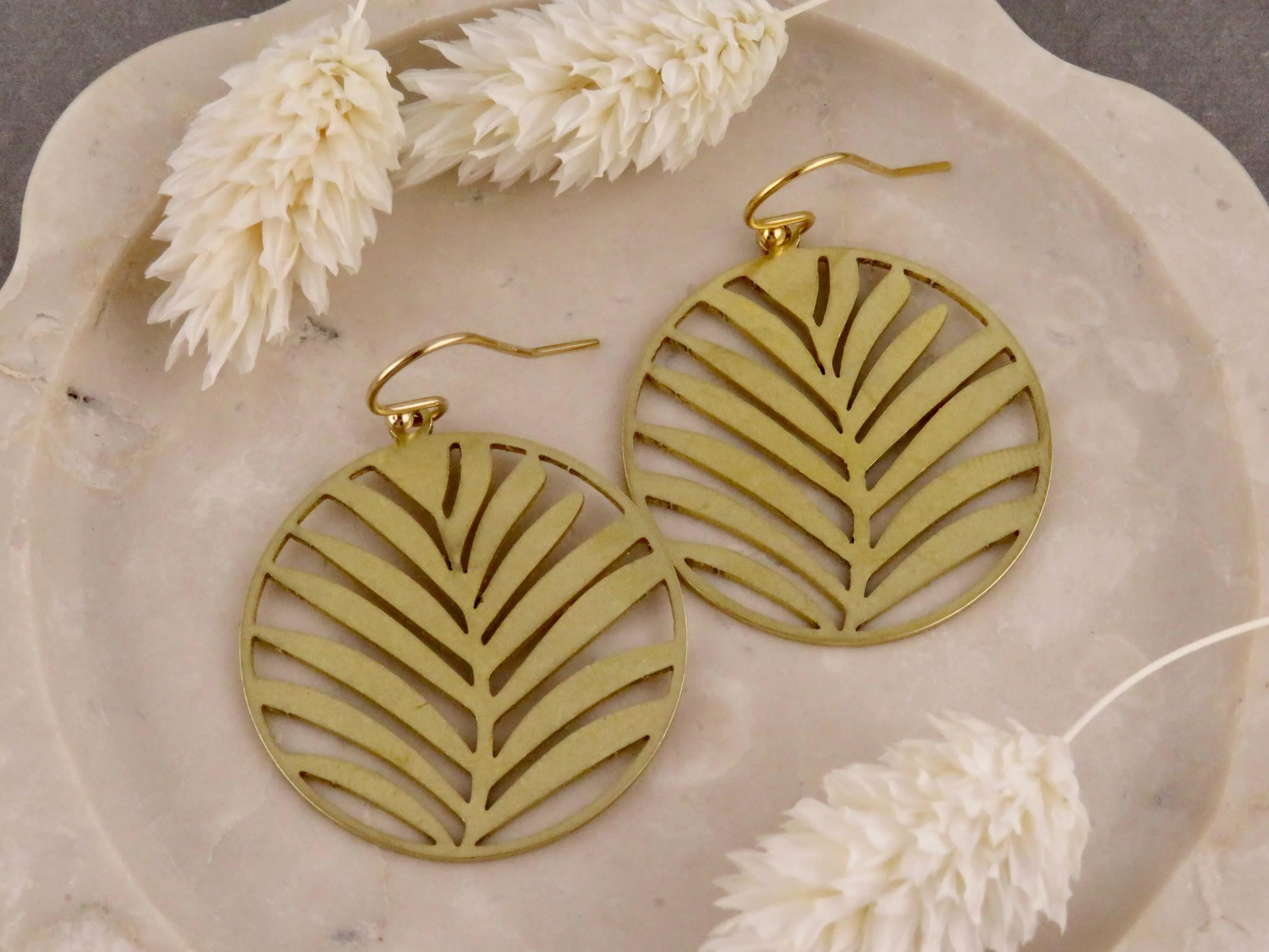 Laser Cut Palm Leaves  Earrings - Brass