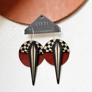 Lightweight leather   birch earrings: Deep Red Checkerboard design