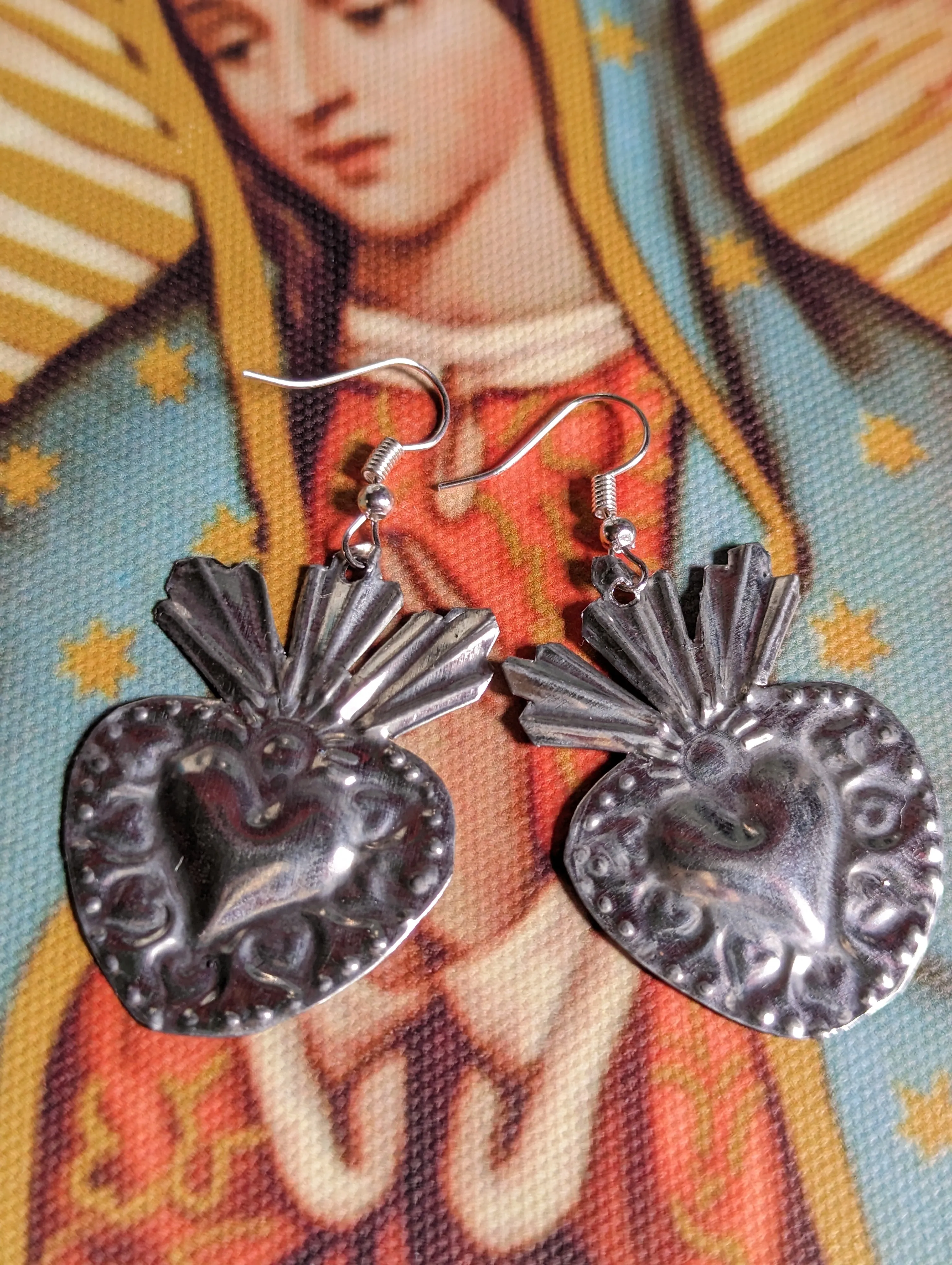 Mexican tin sacred heart earrings