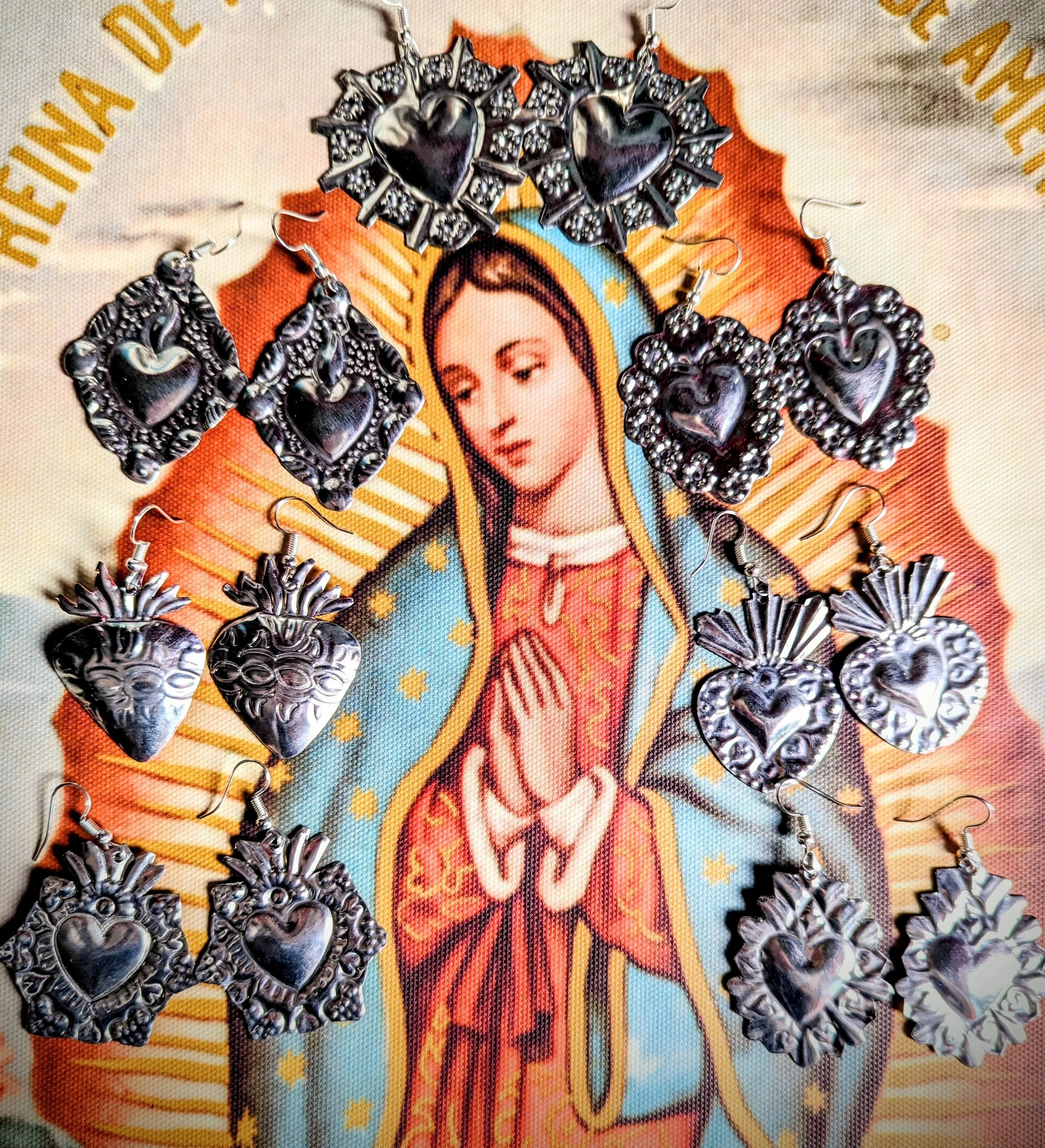 Mexican tin sacred heart earrings