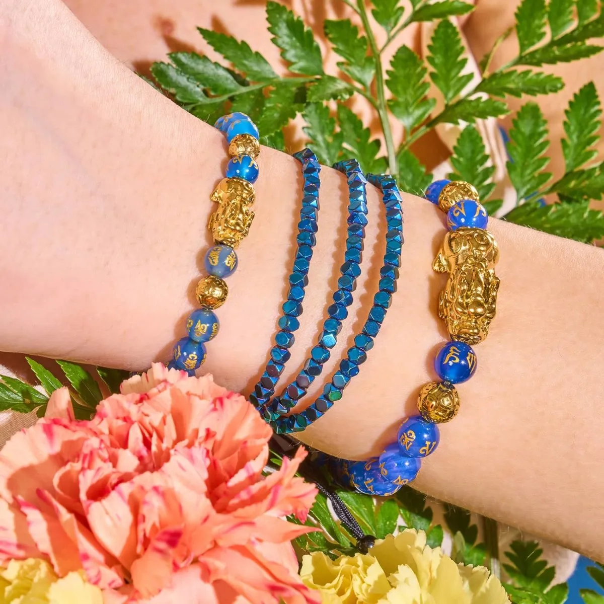 Mini Sacred Geom | Blue Hematite x Gunmetal | Triple Strand Bracelet