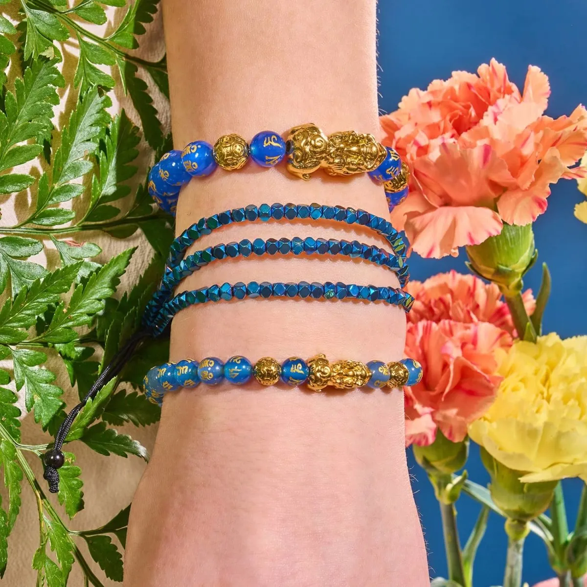 Mini Sacred Geom | Blue Hematite x Gunmetal | Triple Strand Bracelet