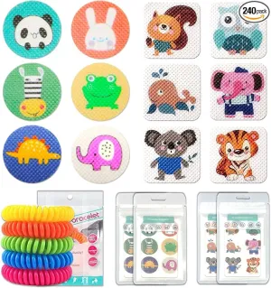Mosquito Repellent Stickers 240 Pcs Natural Mosquito Patches for Kids and Adults with 5 Pack Individually Wrapped Mosquito Repellent Bracelets for Outdoor Camping Traveling Fishing