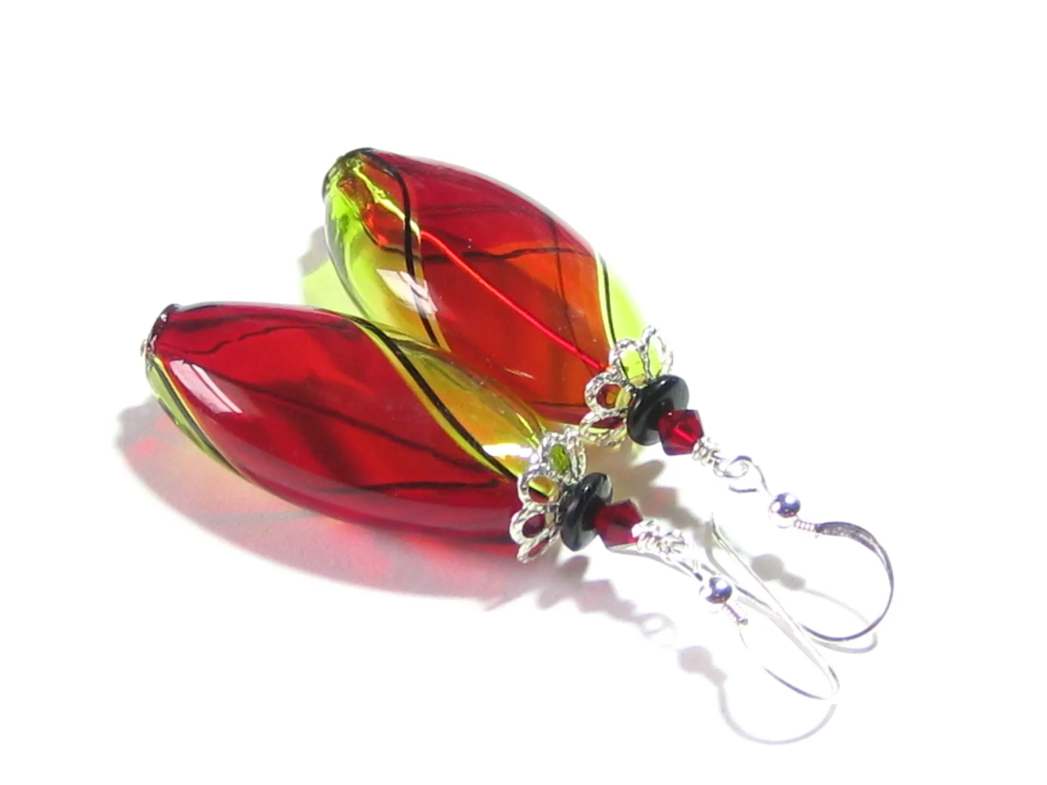 Murano Blown Glass Red and Green Oval Earrings - Handcrafted, Lightweight, 35mm Length