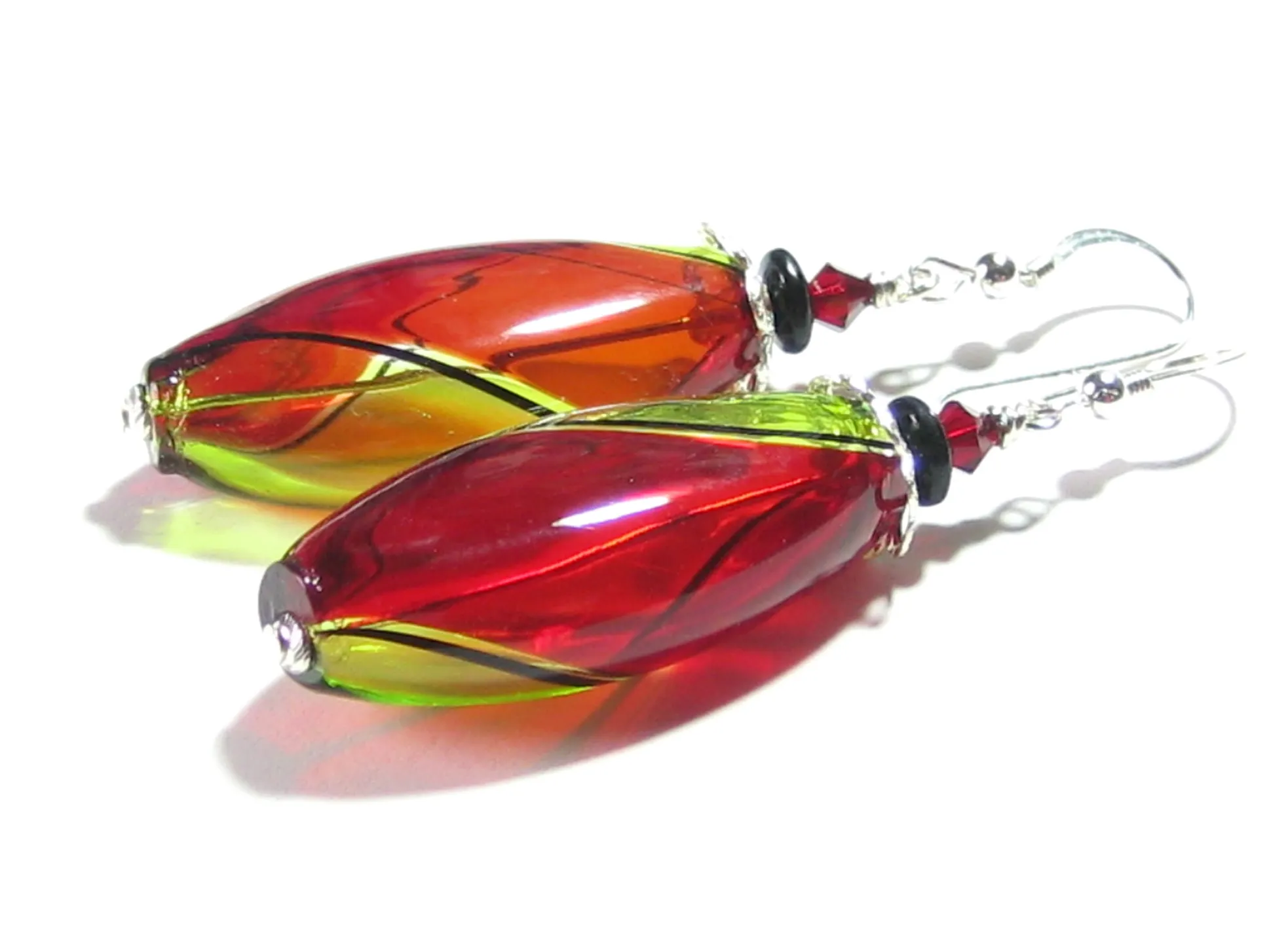 Murano Blown Glass Red and Green Oval Earrings - Handcrafted, Lightweight, 35mm Length