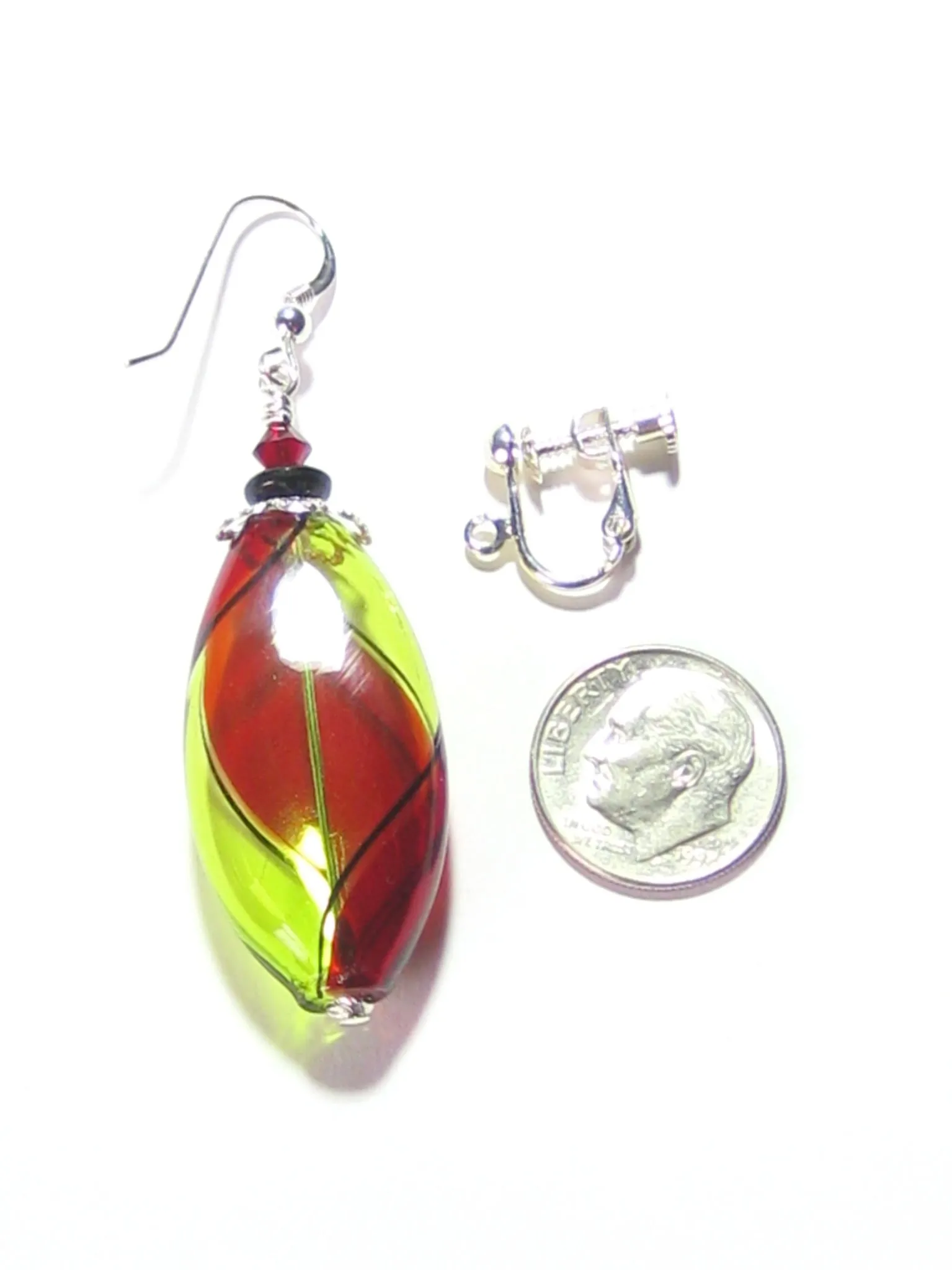 Murano Blown Glass Red and Green Oval Earrings - Handcrafted, Lightweight, 35mm Length