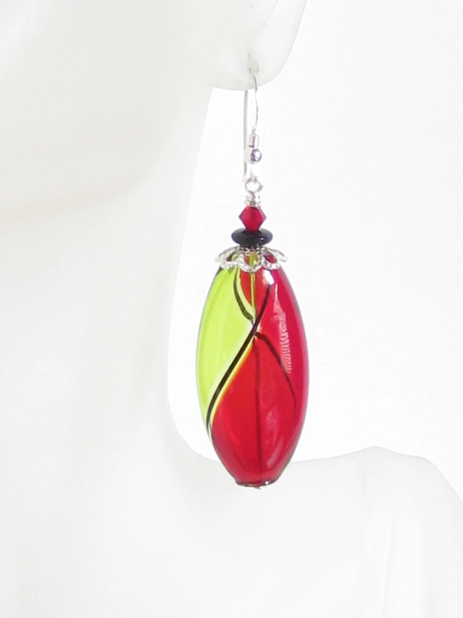 Murano Blown Glass Red and Green Oval Earrings - Handcrafted, Lightweight, 35mm Length