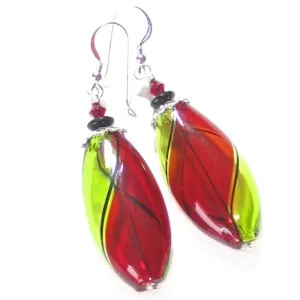 Murano Blown Glass Red and Green Oval Earrings - Handcrafted, Lightweight, 35mm Length