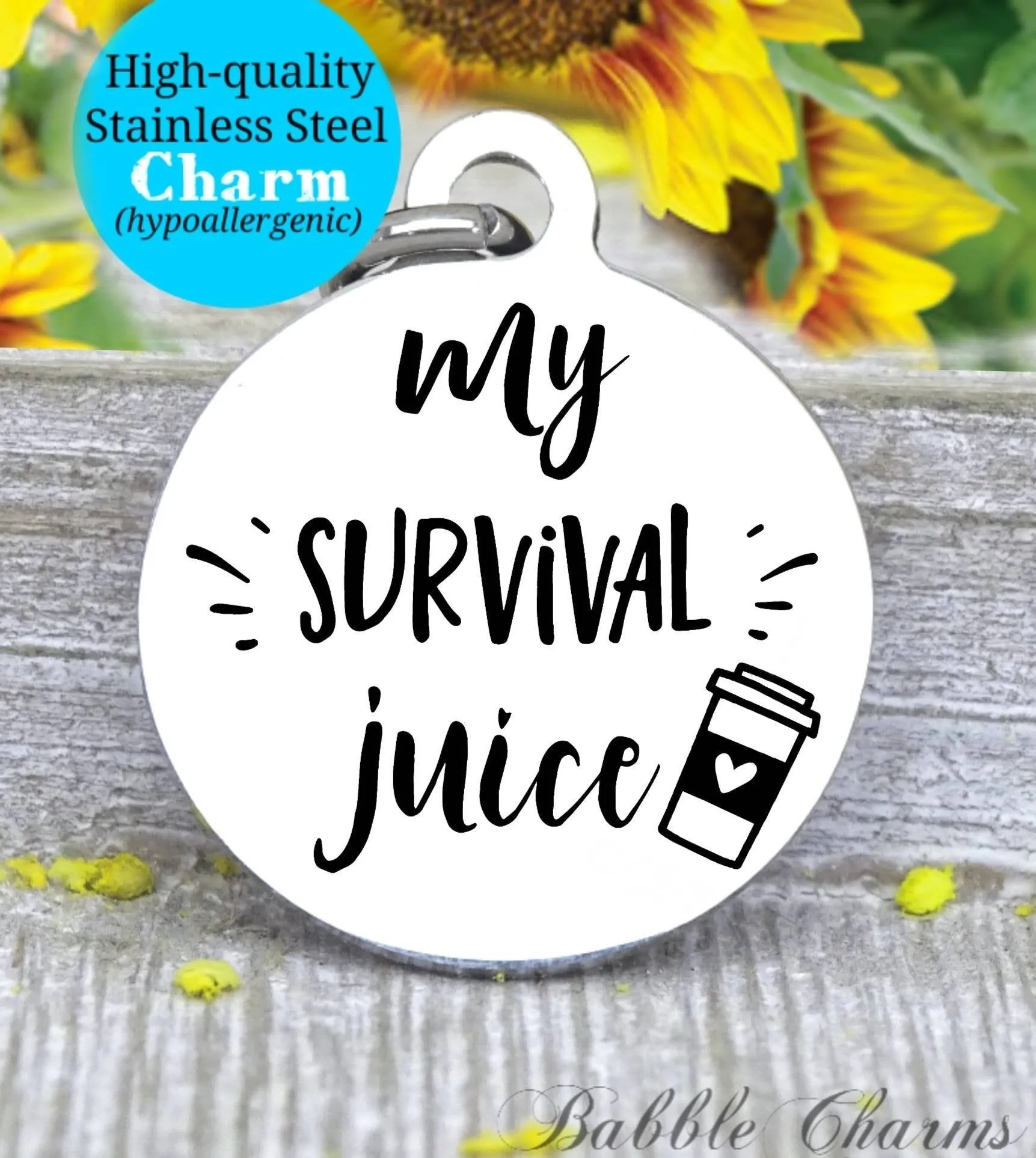 My Survival juice, coffee charm, coffee charm, l love coffee, Steel charm 20mm very high quality..Perfect for DIY projects