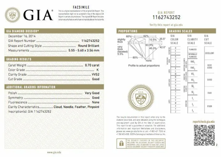 Natural Loose Diamond 0.70 Carat K VVS2  GIA Certified Round Cut Brilliant 5.5mm
