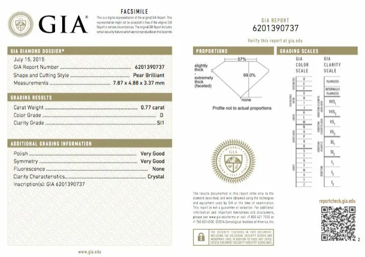 Natural Loose Diamond 0.77 CT D Color SI1 Clarity GIA Certified Pear Shape Cut