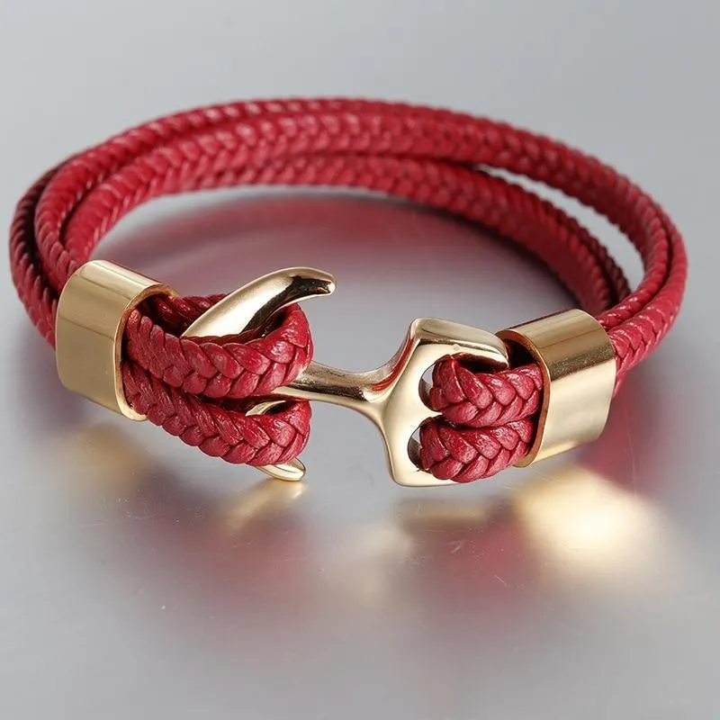 New High Quality Luxury Stainless Steel Elegant Bracelet Gold Black Metal Anchor Grey Woven Legendary Leather Charm Bracelets For Men And Women Jewelry Gift
