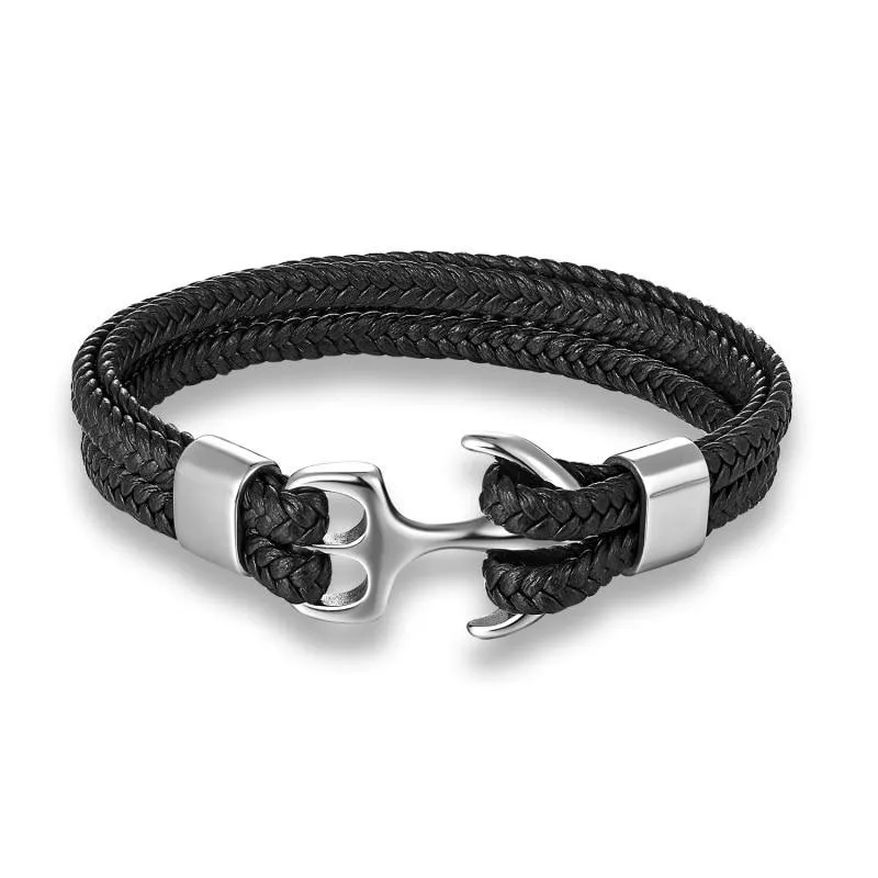 New High Quality Luxury Stainless Steel Elegant Bracelet Gold Black Metal Anchor Grey Woven Legendary Leather Charm Bracelets For Men And Women Jewelry Gift