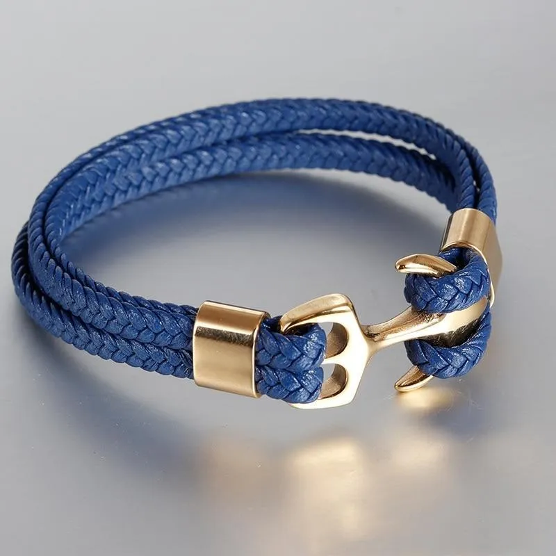 New High Quality Luxury Stainless Steel Elegant Bracelet Gold Black Metal Anchor Grey Woven Legendary Leather Charm Bracelets For Men And Women Jewelry Gift