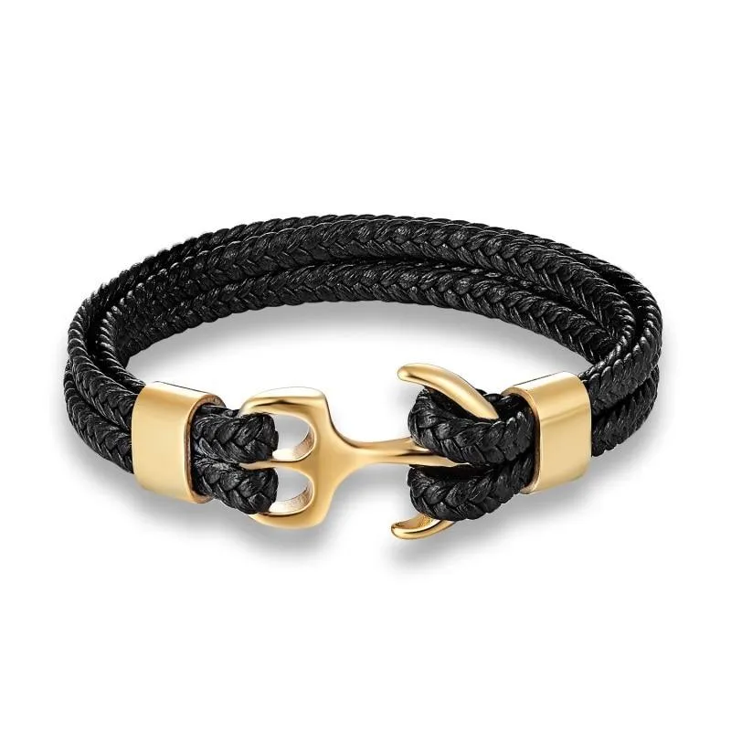 New High Quality Luxury Stainless Steel Elegant Bracelet Gold Black Metal Anchor Grey Woven Legendary Leather Charm Bracelets For Men And Women Jewelry Gift