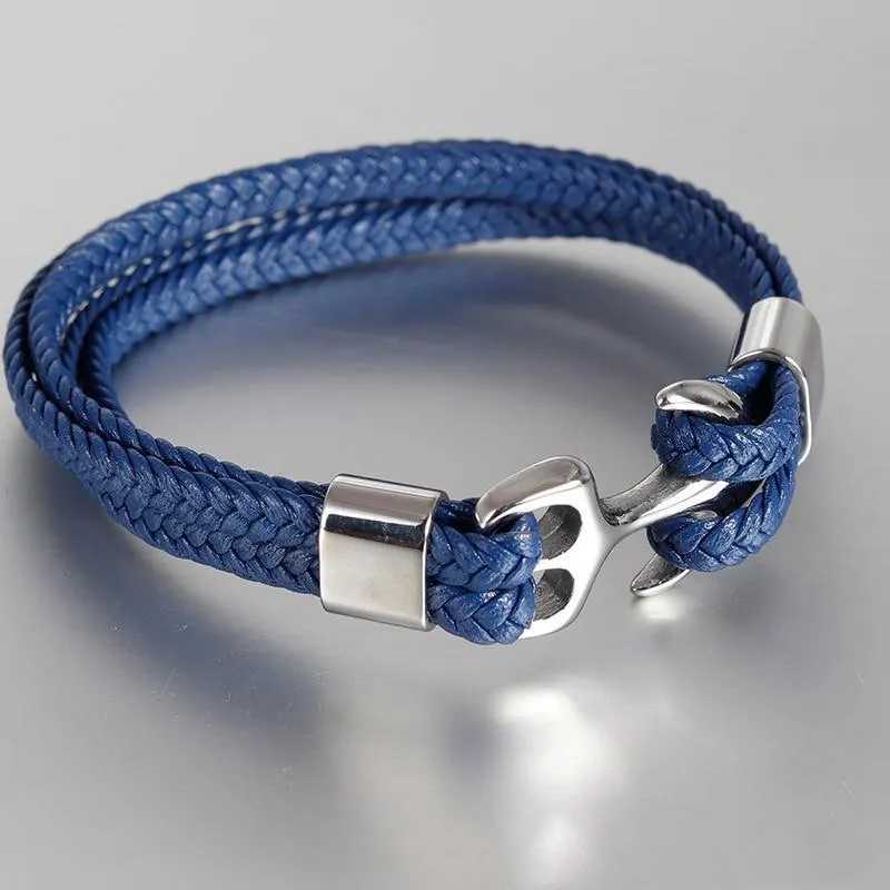 New High Quality Luxury Stainless Steel Elegant Bracelet Gold Black Metal Anchor Grey Woven Legendary Leather Charm Bracelets For Men And Women Jewelry Gift