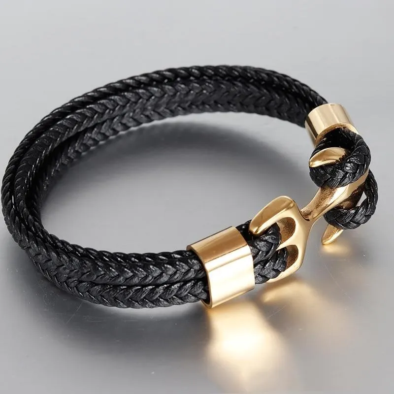 New High Quality Luxury Stainless Steel Elegant Bracelet Gold Black Metal Anchor Grey Woven Legendary Leather Charm Bracelets For Men And Women Jewelry Gift