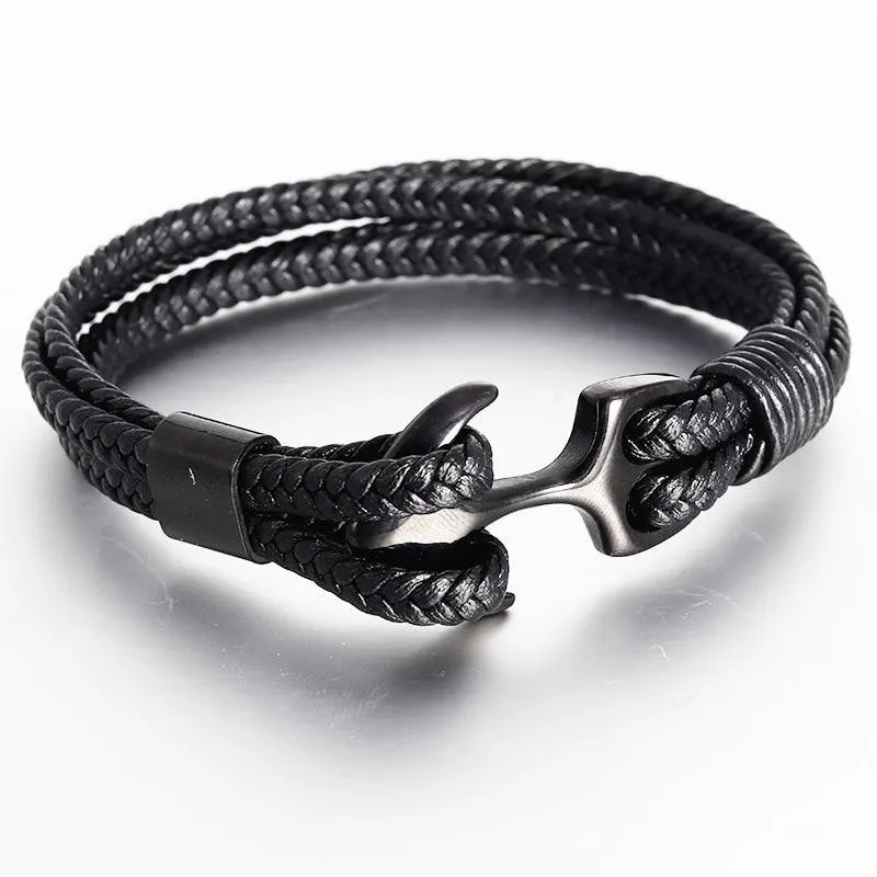 New High Quality Luxury Stainless Steel Elegant Bracelet Gold Black Metal Anchor Grey Woven Legendary Leather Charm Bracelets For Men And Women Jewelry Gift