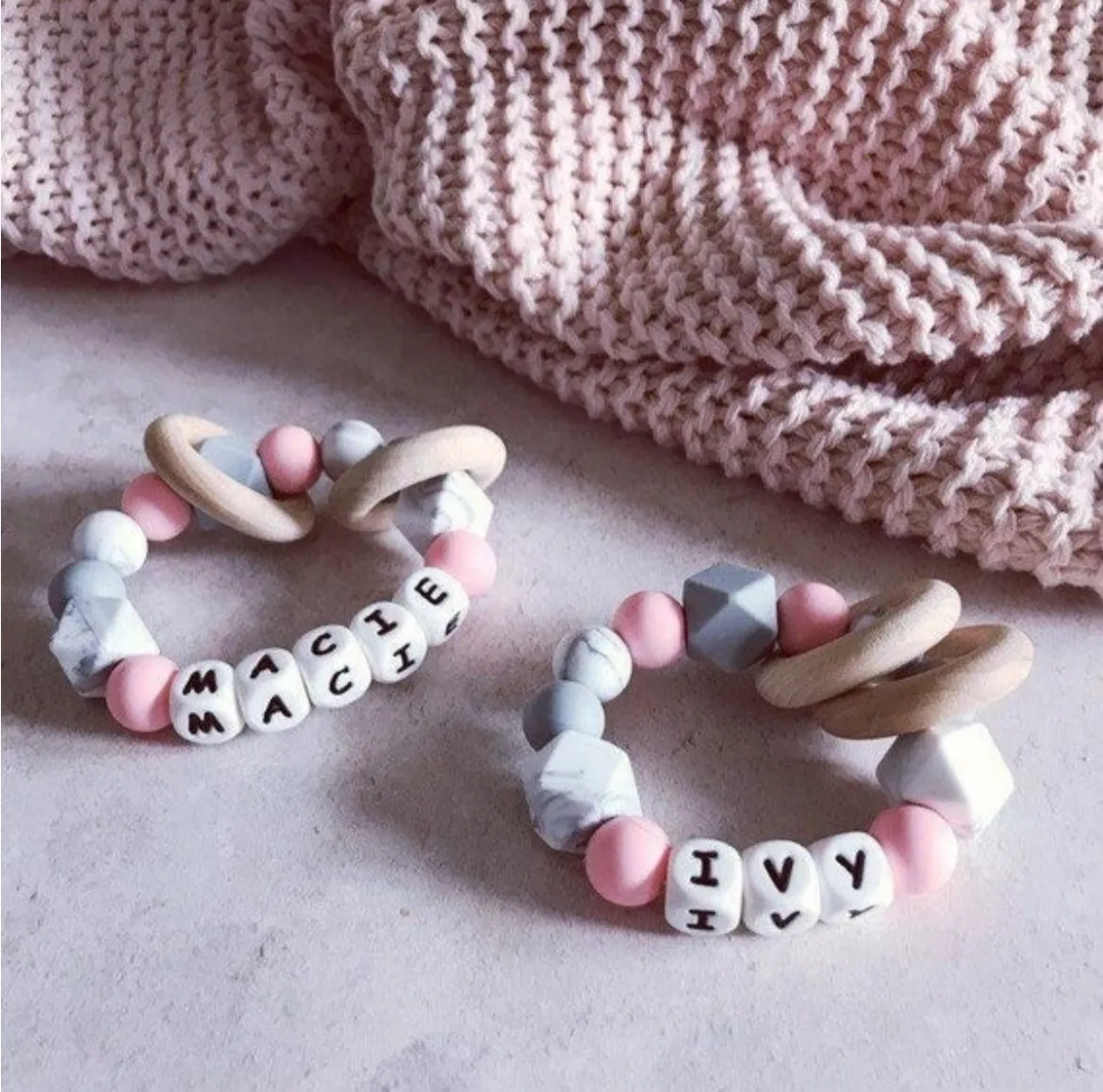 Personalised Pink Marble Grey Silicone Teething Ring
