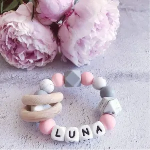 Personalised Pink Marble Grey Silicone Teething Ring