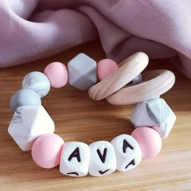 Personalised Pink Marble Grey Silicone Teething Ring
