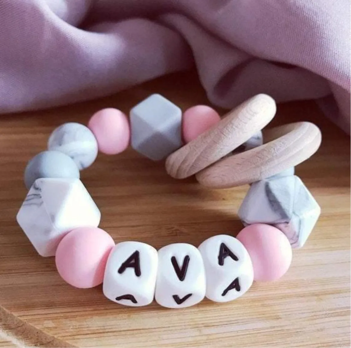 Personalised Pink Marble Grey Silicone Teething Ring