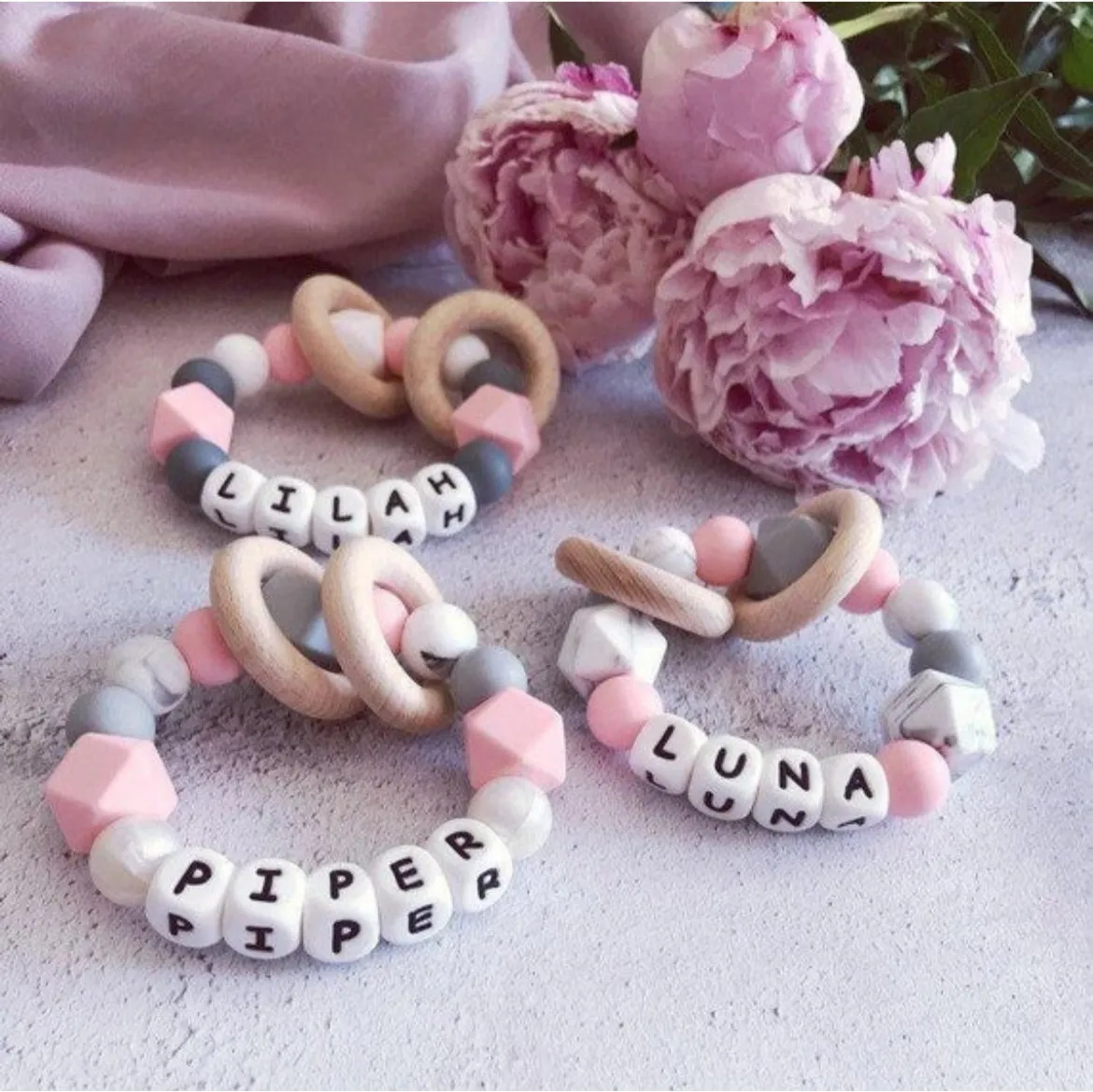 Personalised Pink Marble Grey Silicone Teething Ring