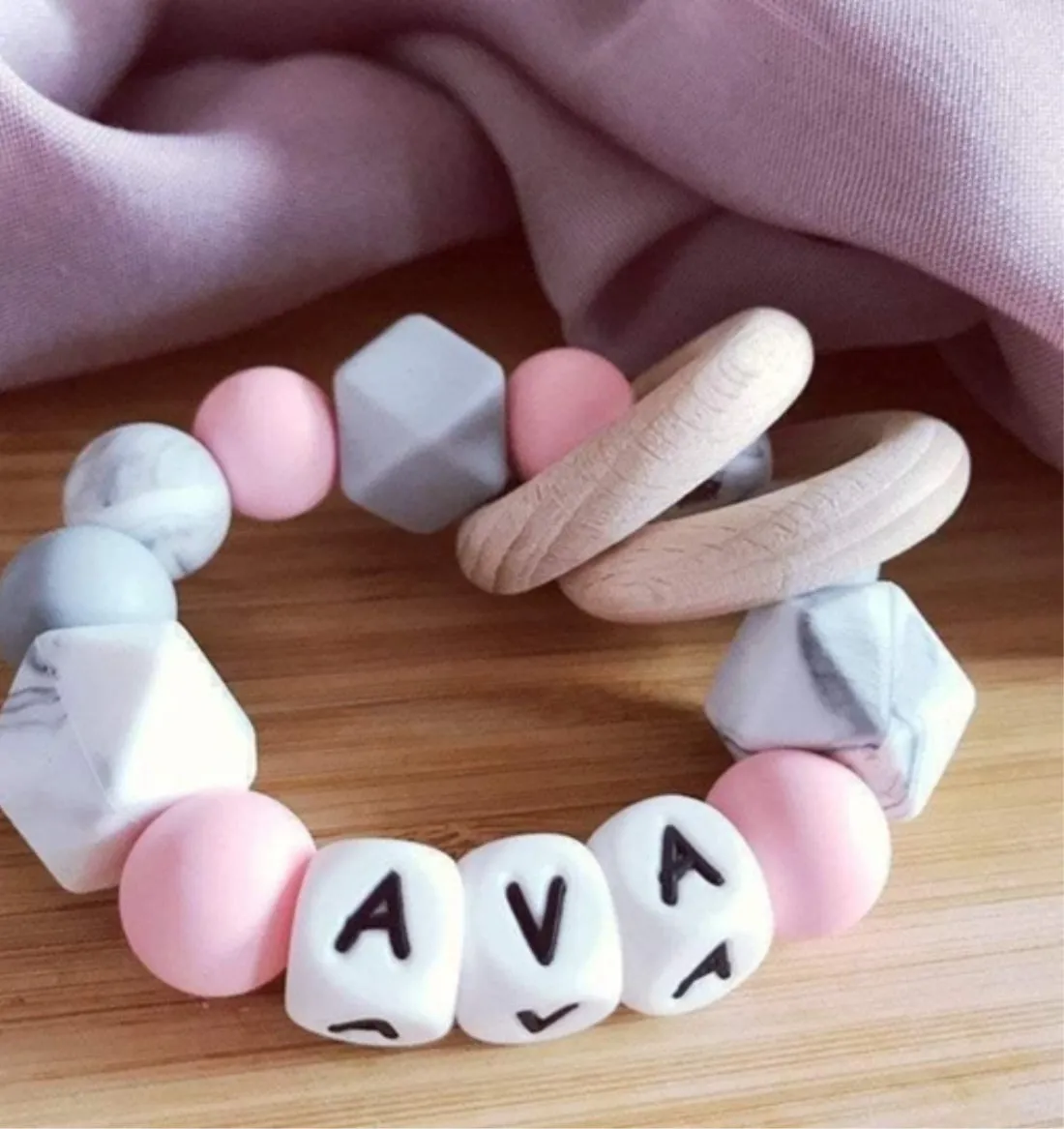 Personalised Pink Marble Grey Silicone Teething Ring