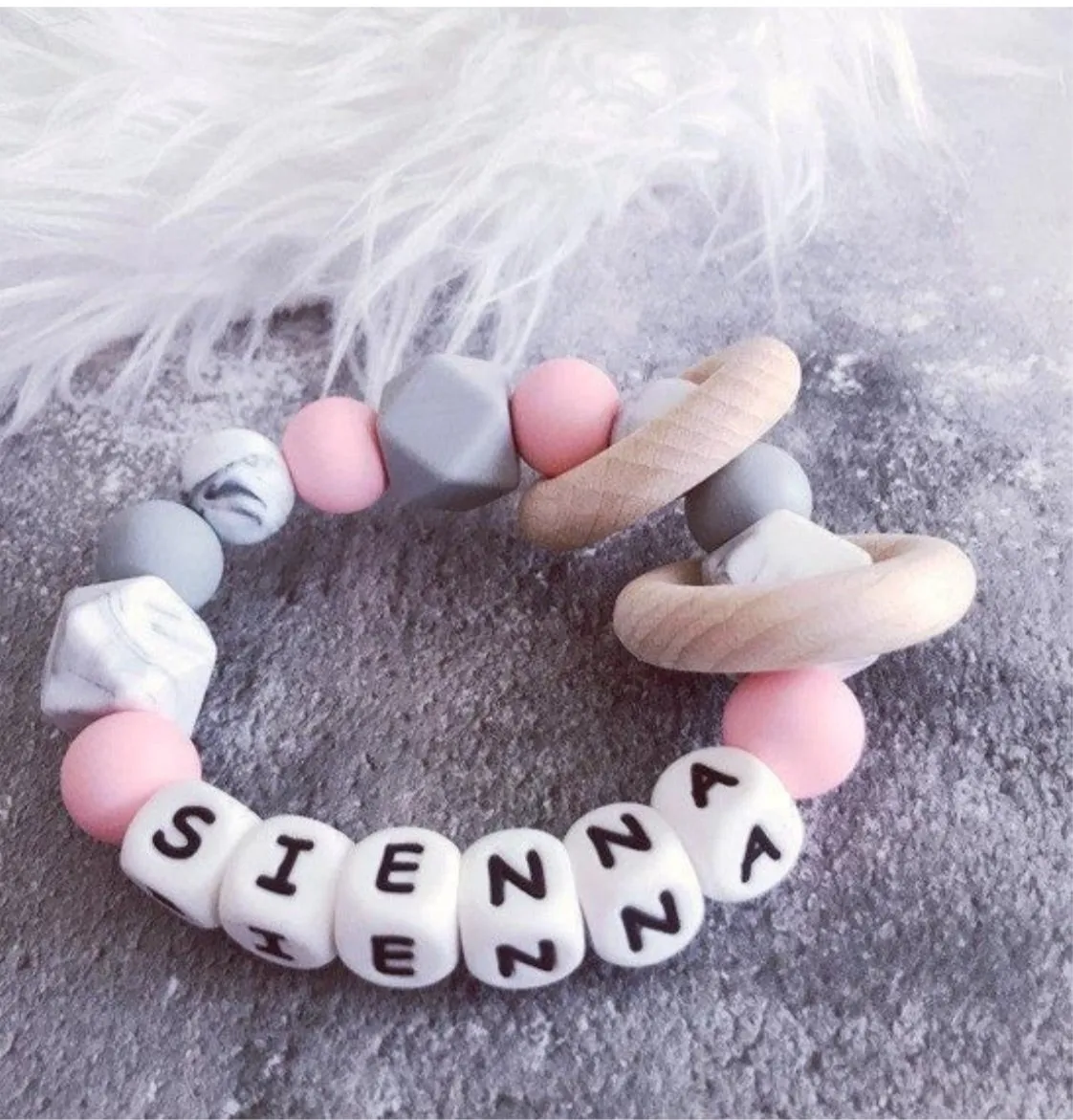 Personalised Pink Marble Grey Silicone Teething Ring
