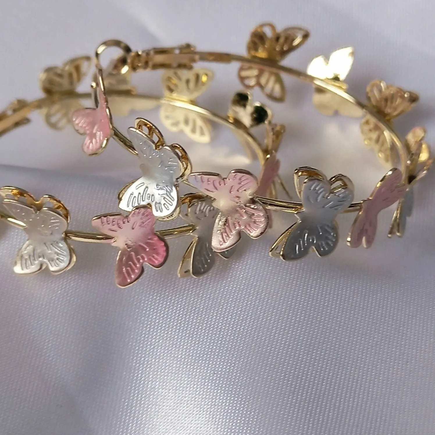 Pink & Gold Butterfly Hoop Earrings - Lightweight Hoop Earrings,Butterfly Earrings,Hoop Earrings,Cute Earrings,Gold Earrings,Gold Jewellery