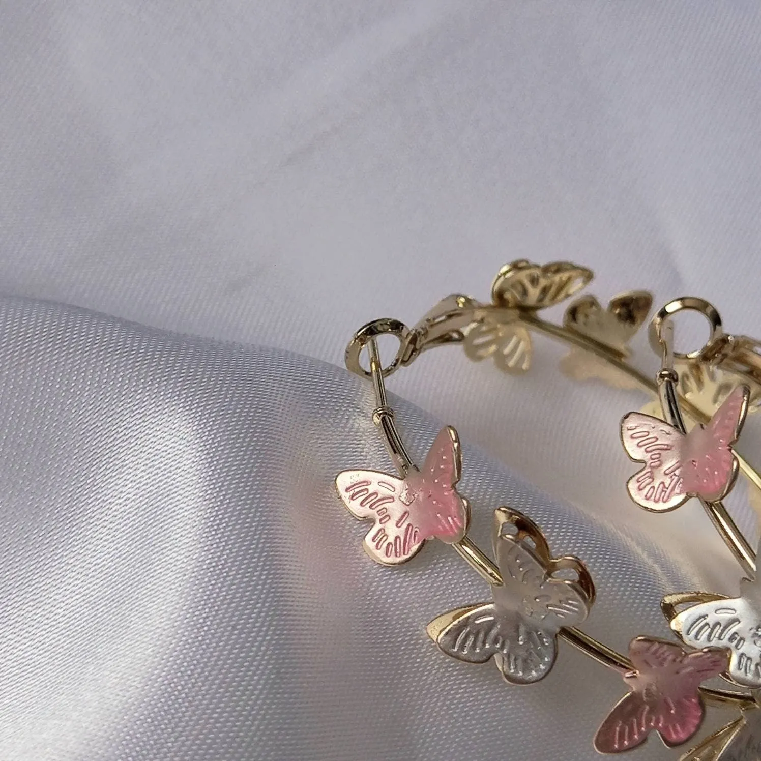 Pink & Gold Butterfly Hoop Earrings - Lightweight Hoop Earrings,Butterfly Earrings,Hoop Earrings,Cute Earrings,Gold Earrings,Gold Jewellery