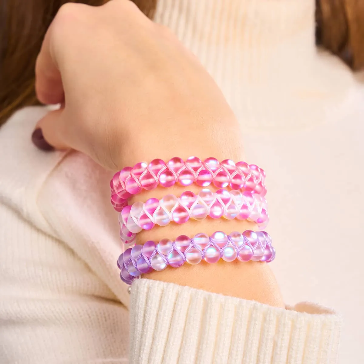 Pink and White | Silver | Double Mermaid Glass Bracelet