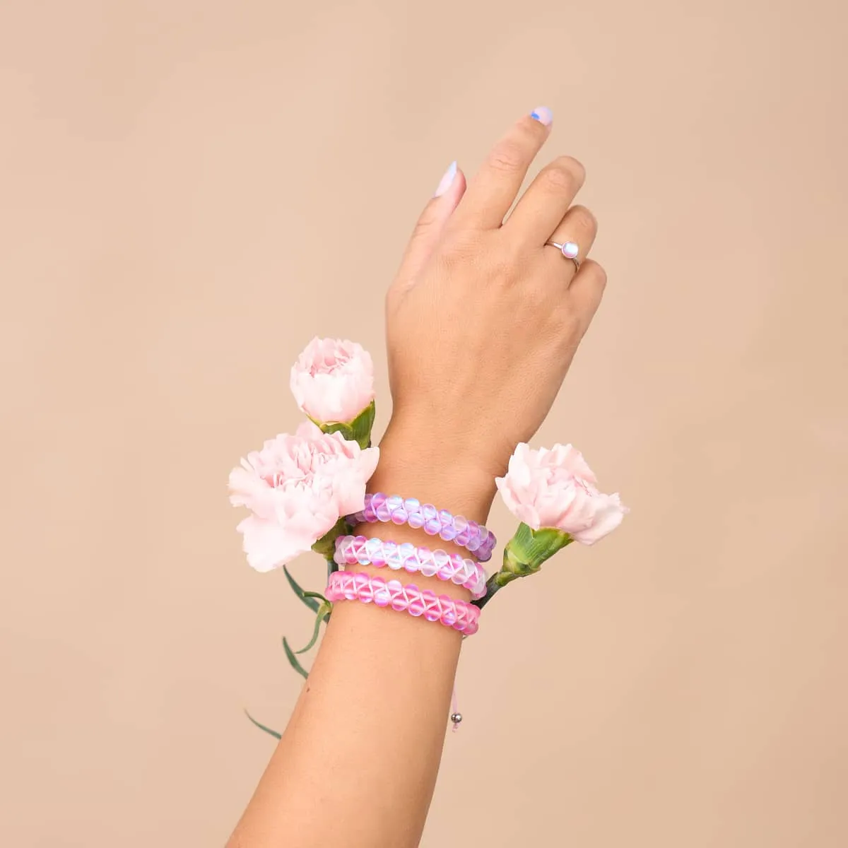 Pink and White | Silver | Double Mermaid Glass Bracelet