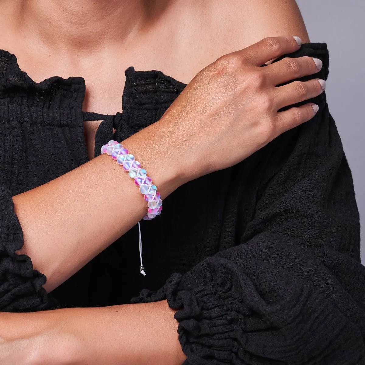 Pink and White | Silver | Double Mermaid Glass Bracelet