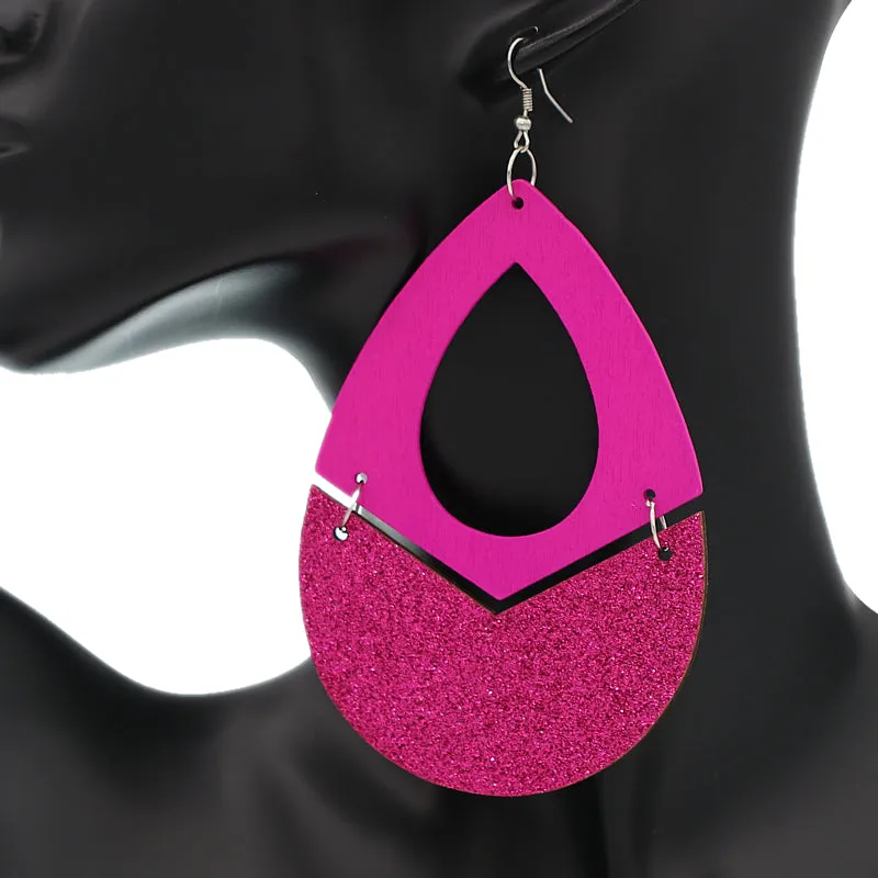 Pink Glitter Wooden Link Teadrop Earrings