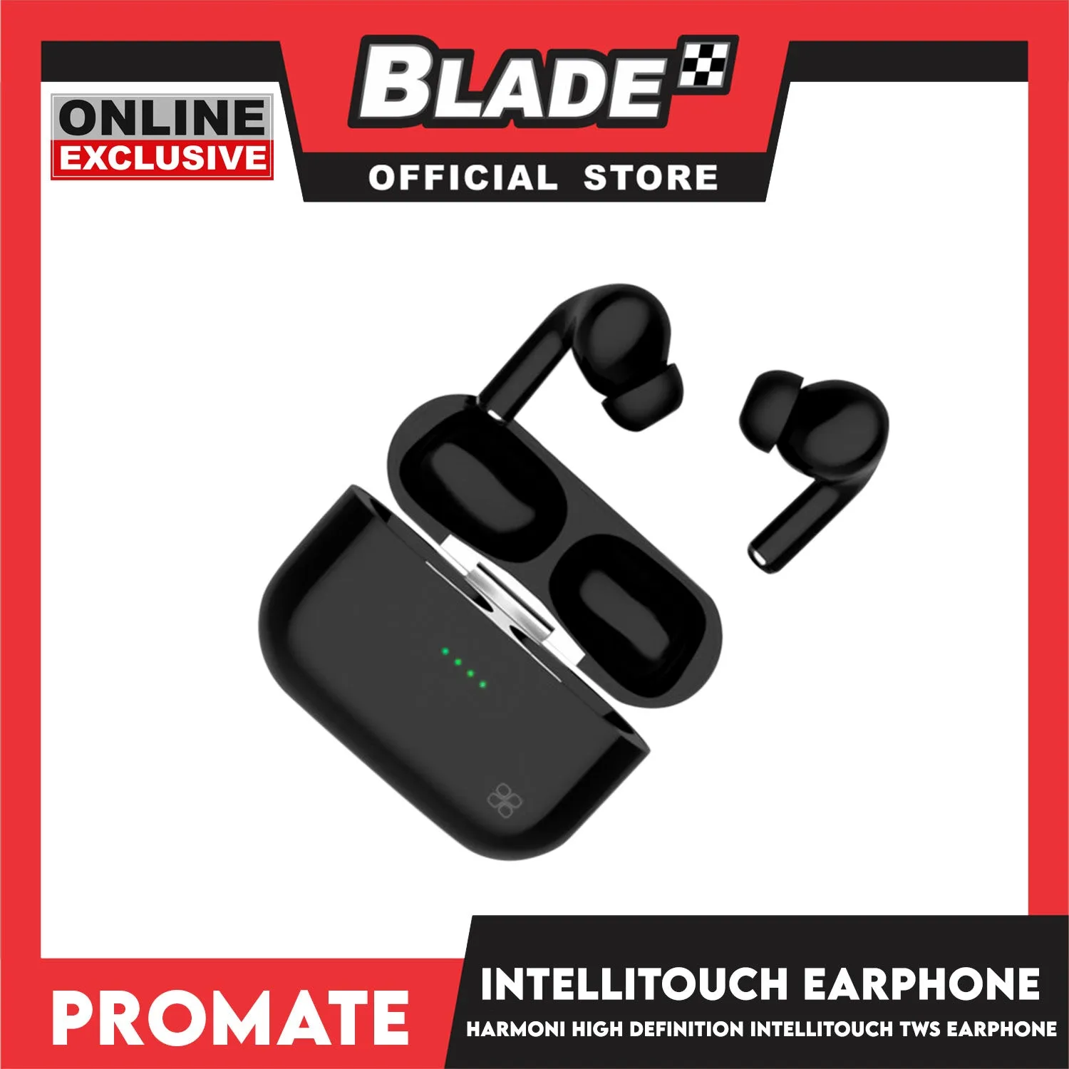 Promate Bluetooth Earphone with Charging Case 400mah Harmoni (Black) High Definition Intellitouch TWS Earphone Wireless Earbuds Headphones