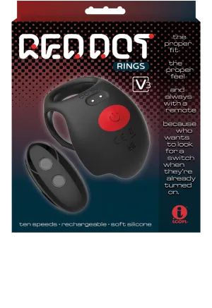Red Dot Silicone Rechargeable Vibrating Cock Ring with Remote Control V3 - Black/Red