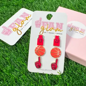 SET OF 3 ENAMEL STUD GAMEDAY BASKETBALL EARRINGS - RED   BLACK