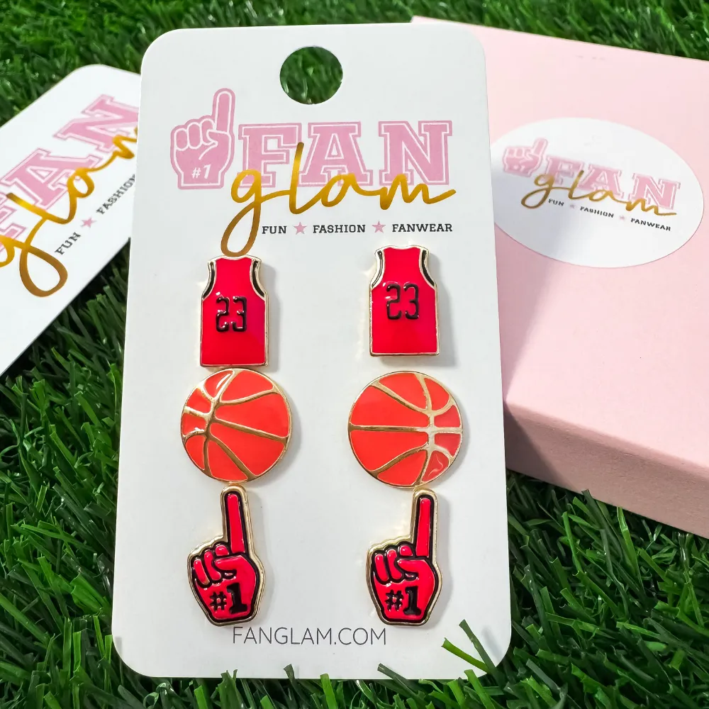 SET OF 3 ENAMEL STUD GAMEDAY BASKETBALL EARRINGS - RED   BLACK