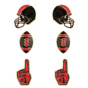 SET OF 3 GAMEDAY ENAMEL STUD EARRINGS- RED AND BLACK